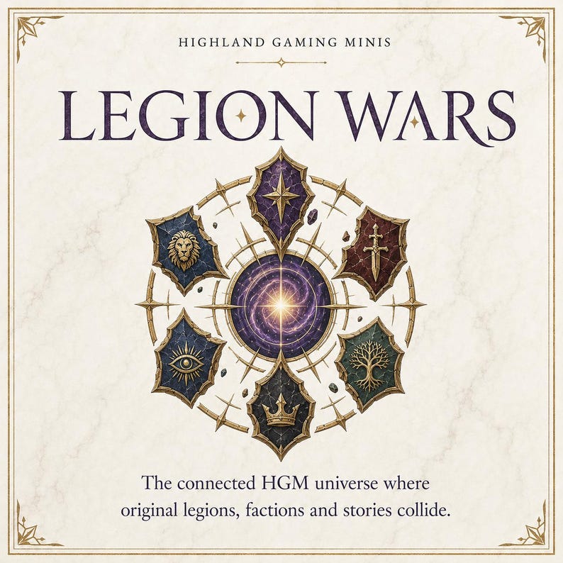 May include: A square graphic titled LEGION WARS by HIGHLAND GAMING MINIS. It features a central swirling purple galaxy surrounded by six shields displaying a star, sword, tree, crown, eye, and lion. Text below reads: The connected HGM universe where original legions, factions and stories collide.