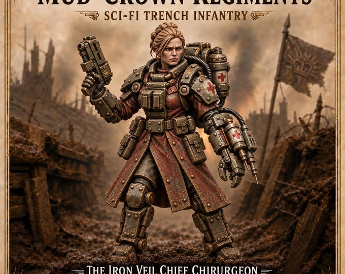 Iron Veil Chief Chirurgeon – Female Sci-Fi Combat Medic Miniature | 32mm Scale Resin Character | Mud-Crown Regiments HGM Exclusive