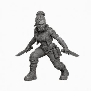 May include: A gray miniature figurine of a warrior in a tactical vest and pants, wearing a gas mask and high-top boots. The figure has a high ponytail, holds a combat knife in each hand, and features gear including belt-mounted canisters.