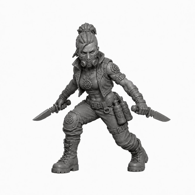 May include: A gray miniature figurine of a warrior in a tactical vest and pants, wearing a gas mask and high-top boots. The figure has a high ponytail, holds a combat knife in each hand, and features gear including belt-mounted canisters.