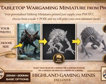 Personalised Tabletop Miniature Gift - Bespoke 2D Design to 3D Miniature Exclusive Highland Gaming Minis Service Tabletop Wargaming Grimdark