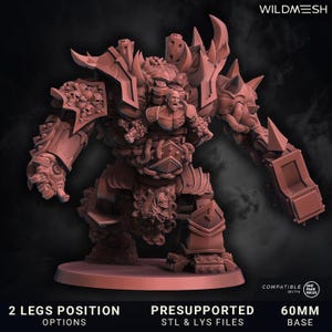 May include: A detailed 3D model of a large, muscular figure with intricate armor and spikes. The figure is in a dynamic pose, with text at the bottom indicating options for 2 legs position and presupported STL & LYS files. The base is 60mm.