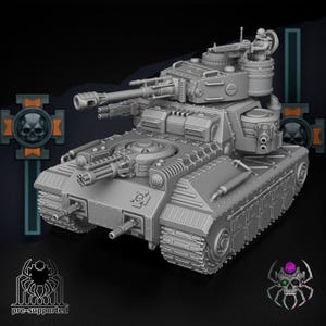 May include: A gray, detailed model of a military tank with multiple turrets, cannons, and machine guns. The tank has a complex design with visible rivets and panels. A small figure is visible on top of the tank. The image includes a logo that says "pre-supported".