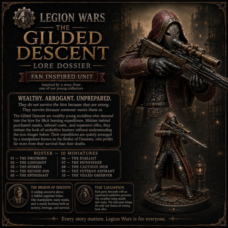 May include: A Legion Wars The Gilded Descent lore dossier featuring a miniature figure in a hooded mask and long coat holding a scoped rifle. The text includes a roster of 10 miniatures, descriptions of The Broker of Descents and The Champion.