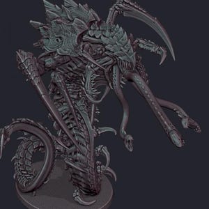 May include: A detailed 3D model of a monstrous creature, featuring a segmented body, sharp claws, and multiple appendages. The model is predominantly a muted teal colour, with intricate textures and a menacing design, suitable for tabletop gaming or display.