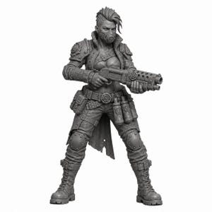 May include: A gray resin miniature figure of a warrior with a short, spiked hairstyle and a face mask. The figure wears a textured jacket, tactical pants, and boots, and holds a large, multi-barreled firearm. Accessories include a belt with pouches.