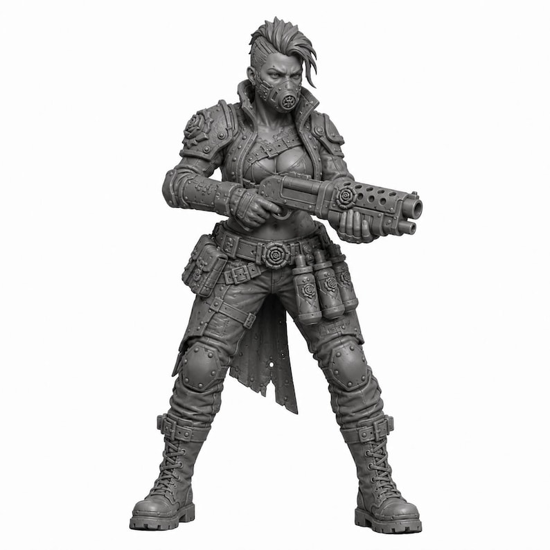 May include: A gray resin miniature figure of a warrior with a short, spiked hairstyle and a face mask. The figure wears a textured jacket, tactical pants, and boots, and holds a large, multi-barreled firearm. Accessories include a belt with pouches.