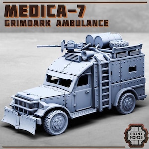May include: A gray, stylized model of a Grimdark Ambulance, labeled "MEDICA-7". The vehicle features a machine gun, barrels, and a ladder. The design is reminiscent of a post-apocalyptic setting, with a rugged, industrial aesthetic.