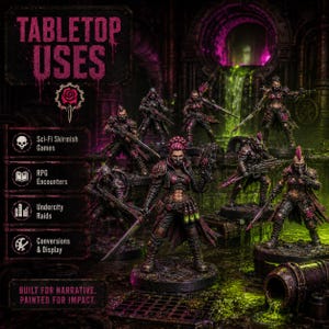 May include: A set of seven miniature figurines featuring armored characters with weapons, standing in a dark, green-lit environment. Text on the left reads TABLETOP USES, Sci-Fi Skirmish Games, RPG Encounters, Undercity Raids, Conversions & Display, and BUILT FOR NARRATIVE. PAINTED FOR IMPACT.