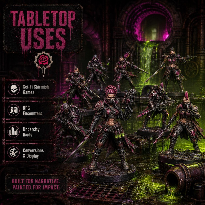 May include: A set of seven miniature figurines featuring armored characters with weapons, standing in a dark, green-lit environment. Text on the left reads TABLETOP USES, Sci-Fi Skirmish Games, RPG Encounters, Undercity Raids, Conversions & Display, and BUILT FOR NARRATIVE. PAINTED FOR IMPACT.