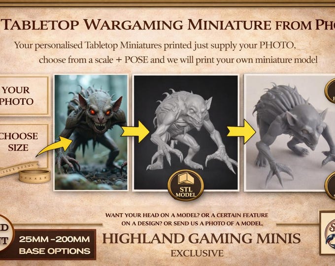 Personalised Tabletop Miniature Gift - Bespoke 2D Design to 3D Miniature Exclusive Highland Gaming Minis Service Tabletop Wargaming Grimdark