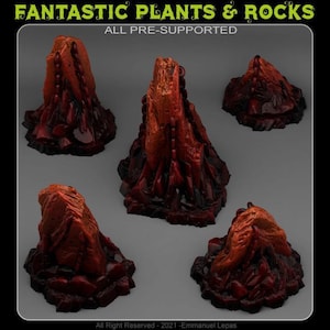 May include: Five 3D-rendered fantasy plants and rocks in shades of red and orange. The text "FANTASTIC PLANTS & ROCKS" and "ALL PRE-SUPPORTED" are at the top. The bottom text reads "All Right Reserved - 2021 - Emmanuel Lepas".