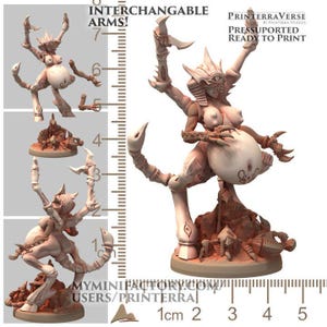 May include: A light beige 3D-printed figurine of a humanoid creature with interchangeable arms. The figure has a detailed design, with a large abdomen and claw-like hands. The text "INTERCHANGEABLE ARMS!" and "PRESSUPORTED READY TO PRINT" are visible.
