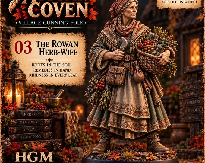 The Rowan Herb-Wife Witch Miniature | Autumn Coven | 32mm Resin Fantasy NPC | HGM Exclusive