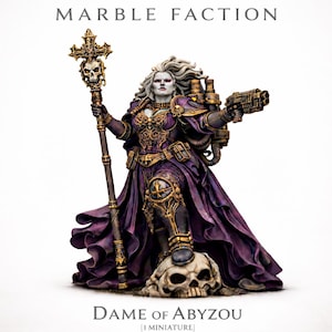 May include: A miniature figurine of a character in a purple and gold outfit, holding a staff with a skull and cross design. The figure is standing on a skull, with a gun in the other hand. The text "MARBLE FACTION" and "DAME OF ABYZOU" are visible.
