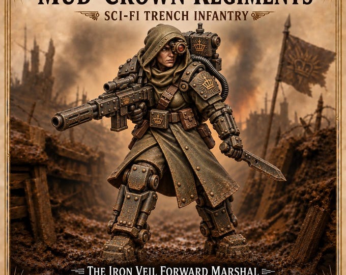 Iron Veil Forward Marshal – Female Sci-Fi Recon Officer Miniature | 32mm Scale Resin | Mud-Crown Regiments HGM Exclusive