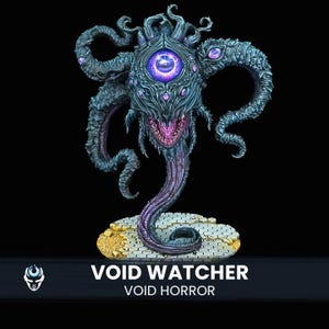 Puede incluir: Figura en miniatura detallada de un Void Watcher, un Horror del Vacío. La figura es predominantemente azul oscuro y púrpura, con múltiples ojos y tentáculos. Se encuentra sobre una base texturizada dorada y blanca. El texto "VOID WATCHER VOID HORROR" se muestra debajo.