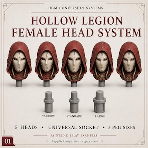 Puede incluir: Sistema de cabezas femeninas Hollow Legion de HGM Conversion Systems con cinco cabezas en miniatura con capuchas rojas y máscaras blancas, además de tres pivotes de cuello de resina gris etiquetados narrow, standard y large.