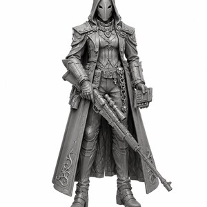May include: A gray unpainted resin figurine of a hooded character wearing a long coat with ornate scrollwork, a mask, and tactical gear. The figure holds a long-barreled rifle in one hand and a small rectangular device in the other, featuring chain details.