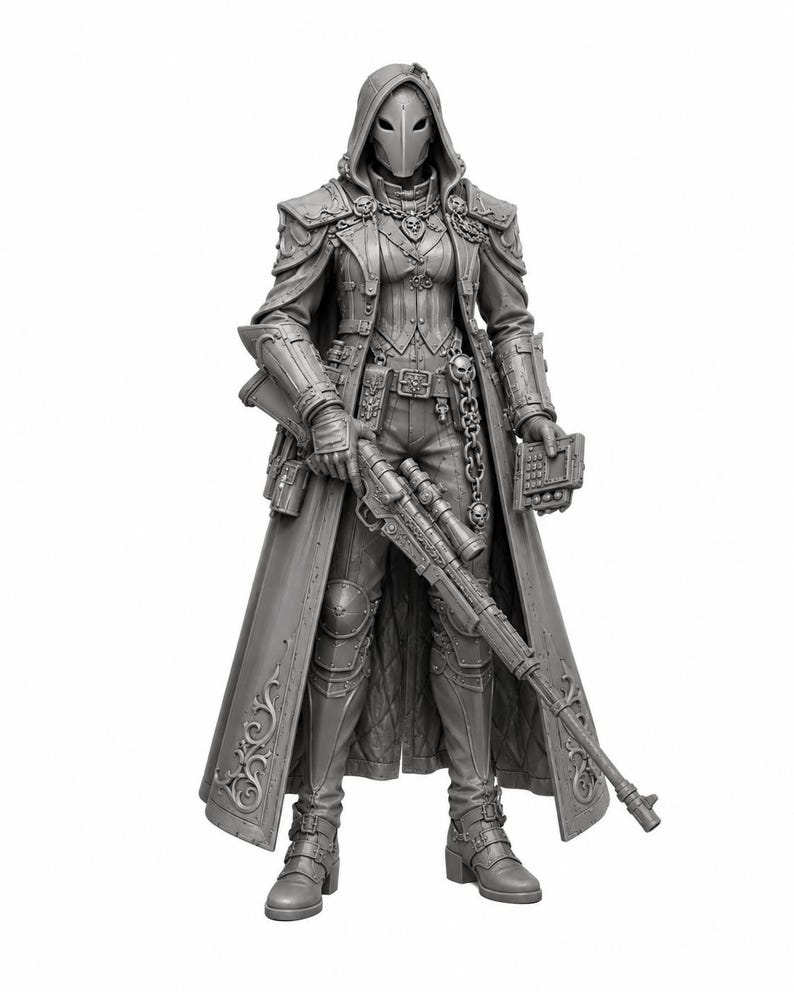 May include: A gray unpainted resin figurine of a hooded character wearing a long coat with ornate scrollwork, a mask, and tactical gear. The figure holds a long-barreled rifle in one hand and a small rectangular device in the other, featuring chain details.