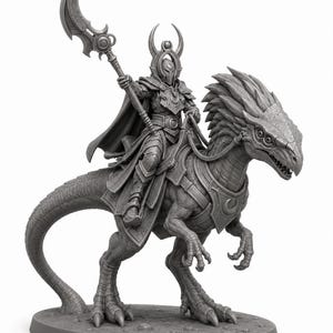 May include: A gray unpainted miniature figurine of a warrior in ornate plate armor and a horned helmet, holding a crescent-shaped polearm. The warrior is mounted on a large, scaly reptilian creature with a spiked crest and armored saddle.