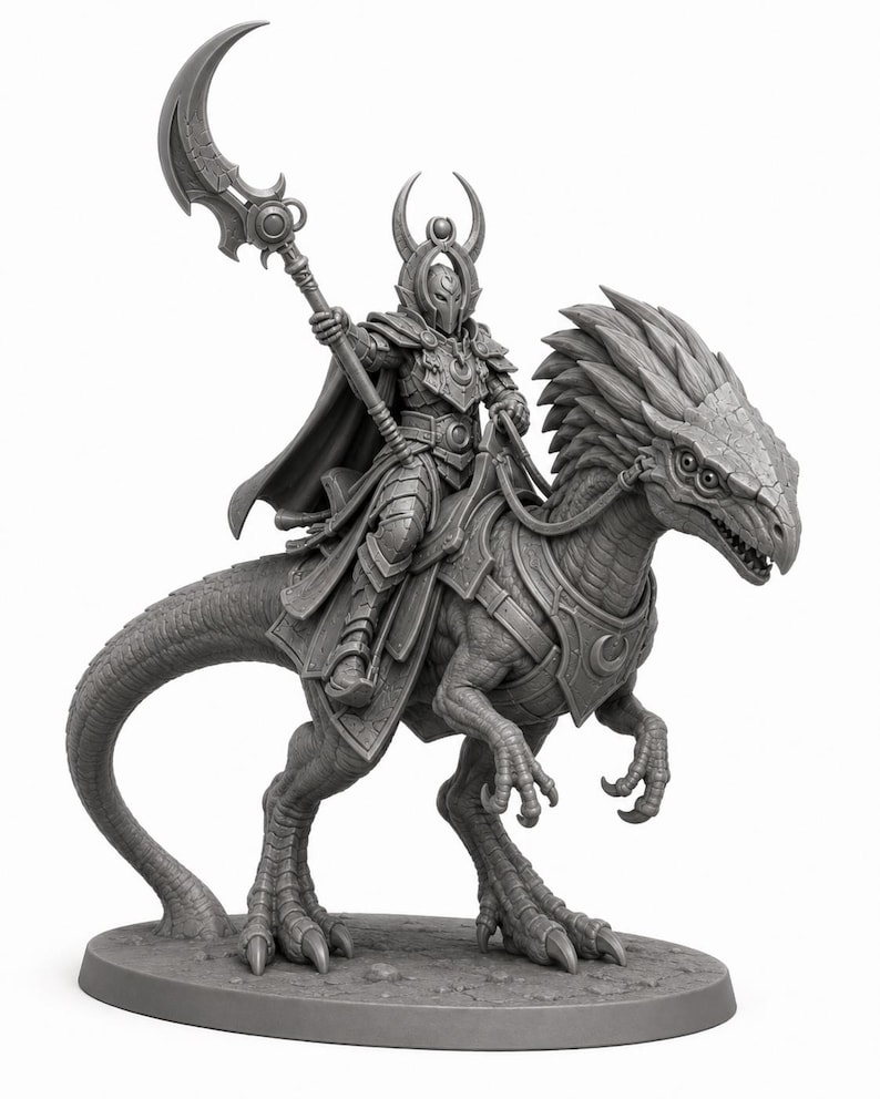 May include: A gray unpainted miniature figurine of a warrior in ornate plate armor and a horned helmet, holding a crescent-shaped polearm. The warrior is mounted on a large, scaly reptilian creature with a spiked crest and armored saddle.
