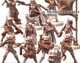 MILITARIA Herrschaft Soldatin Female Army with Gattling and Flamethrower - Printerra - Tabletop Wargaming Miniature for Grimdark OPR Sci-fi
