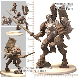 May include: A 3D printed model of a samurai robot, featuring a sword and shield. The robot is wearing armour and has a helmet with horns. The model is printed in a light brown colour and is ready to be painted.