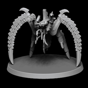 May include: A gray, detailed miniature of a mechanical insect-like creature. It has multiple legs, segmented body parts, and large, curved wing-like structures. The model is on a circular base, set against a black background.