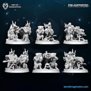 May include: A collection of pre-supported miniature figurines, featuring detailed fantasy characters with weapons and armor. The figurines are in various poses, some kneeling and others standing, with a futuristic or sci-fi theme. The Den of Imagination logo is visible.