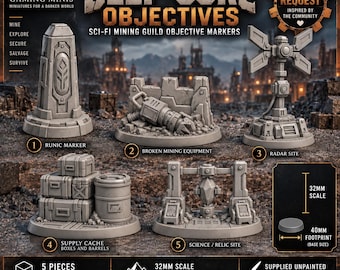 Deep-Core Objectives – 5 Piece Sci-Fi Mining Guild Objective Marker Set – 32mm Tabletop Terrain – 40mm Footprints – Resin Scenery