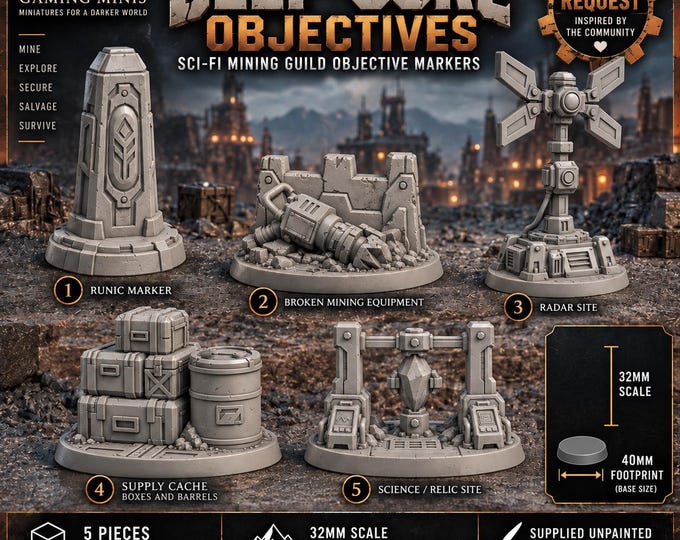 Deep-Core Objectives – 5 Piece Sci-Fi Mining Guild Objective Marker Set – 32mm Tabletop Terrain – 40mm Footprints – Resin Scenery