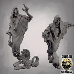 May include: Two grey, spectral figures of cloaked skeletons. One figure raises a hand, the other reaches forward. The figures have detailed skeletal features and flowing robes. The Duncan Shadow logo is in the bottom right corner.