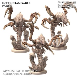 May include: Three 3D printed, beige-coloured, detailed miniature figures of a creature with a scorpion tail, crab claws, and a human-like head. The figures are posed in different positions and are ready to be painted. The text "INTERCHANGEABLE PARTS!" is at the top of the image. The text "PRINTERRAVERSE" is at the top right of the image. The text "PRESSUPPORTED READY TO PRINT" is below "PRINTERRAVERSE".