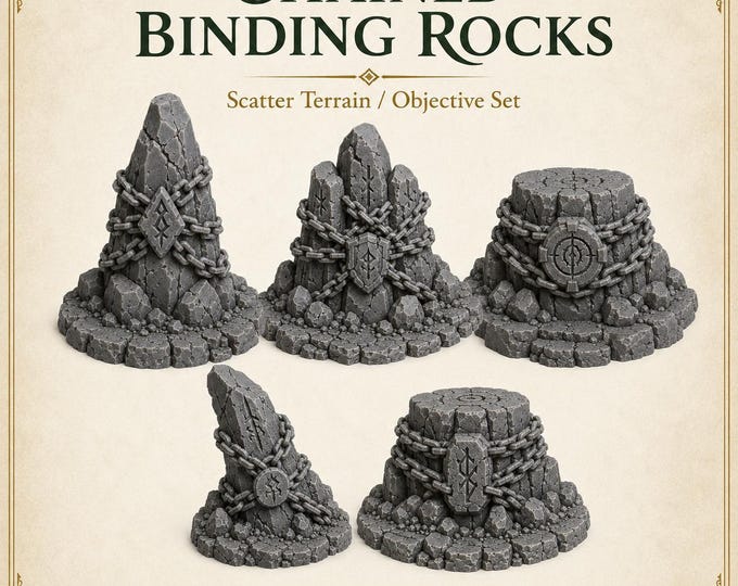 Chained Binding Rocks | 5 Piece Resin Scatter Terrain Objective Set | 40/60/100mm Footprints | HGM Exclusive