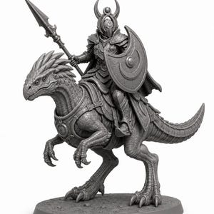 May include: A gray unpainted miniature figurine of a warrior in ornate plate armor with a horned helmet, holding a spear and a crescent-shaped shield, mounted on a scaled reptilian creature with a saddle and harness on a circular base.