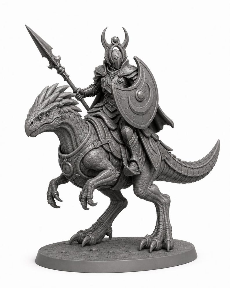May include: A gray unpainted miniature figurine of a warrior in ornate plate armor with a horned helmet, holding a spear and a crescent-shaped shield, mounted on a scaled reptilian creature with a saddle and harness on a circular base.
