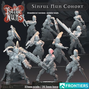 May include: A promotional image for the "Battle Nuns" miniature figures, featuring multiple grey resin models in various action poses. The figures are armed with weapons and chainsaws. Text includes "Sinful Nun Cohort" and "10 models in 2 versions - modular heads."