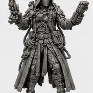 May include: A gray unpainted miniature figurine of a hooded character wearing a long coat, tactical gear, and boots. The figure holds a pistol in the right hand and a rectangular device in the left hand, featuring detailed armor plating and pouches.