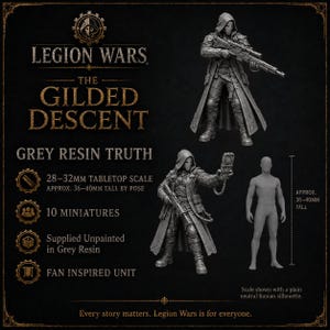 May include: Legion Wars The Gilded Descent grey resin miniatures set featuring 10 unpainted figures in 28-32mm tabletop scale. Each figure stands approximately 36-40mm tall, depicted with a hooded cloak, tactical gear, and a handheld device.