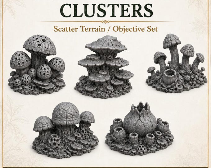 Alien Mushroom Clusters  - Highland Battlefield Works - 5 Piece Scatter Terrain Objective Marker Set 40mm 60mm 100mm Wargaming RPG Scenery