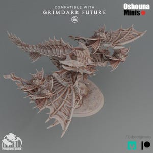 May include: A beige miniature model of a Grimdark Future creature with detailed wings and body. The model is on a circular base and features the text "Compatible with Grimdark Future" and "Oshounaminis".