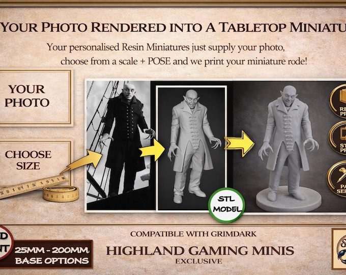 Personalised Tabletop Miniatures from a 2D Photo to a 3D Miniature  - Exclusive Highland Gaming Minis - Tabletop Wargaming for Grimdark