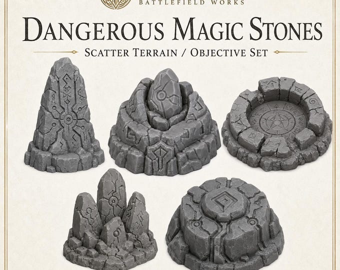 Dangerous Magic Stones - Highland Battlefield Works - 5 Piece Scatter Terrain Objective Marker Set 40mm 60mm 100mm Wargaming RPG Scenery