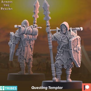 May include: A gray miniature figure of a Questing Templar, holding a spear and shield. The figure is wearing a hooded cloak and armor, with a backpack and other gear. The base has the text "Questing Templar" and the logo "Across the Realms".