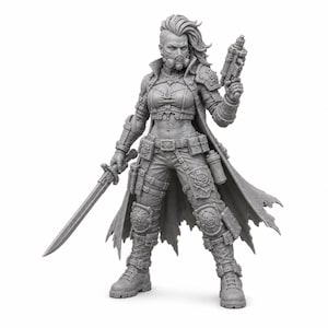 May include: A gray unpainted resin miniature figure of a warrior with an undercut hairstyle, wearing a gas mask, a long tattered coat, tactical gear, and knee pads with rose motifs. The figure holds a futuristic pistol in one hand and a sword in the other.