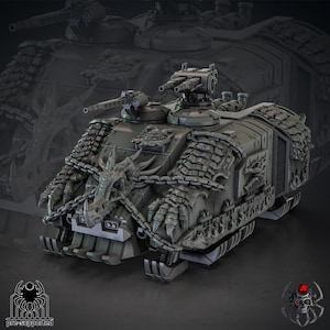 Könnte beinhalten: Ein detailliertes, olivgrünes Modell eines Panzers mit aufwendigen Drachenmotiven. Der Panzer verfügt über mehrere Türme, eine Kette und klauenartige Details. Das Bild enthält den Text "pre-supported" und ein Logo.