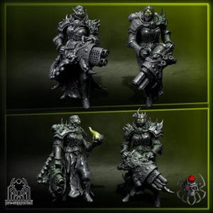 May include: Four detailed, dark grey miniature figures of armoured characters, each holding large, futuristic weapons. The figures are set against a dark green background. The text "pre-supported" is visible in the lower left corner.