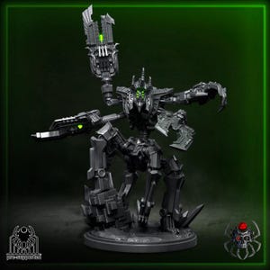 Könnte beinhalten: Eine detaillierte, dunkelgraue Miniatur-Roboterfigur mit mehreren beweglichen Gliedmaßen und Waffen. Die Figur hat leuchtend grüne Akzente und ist auf einem kreisförmigen Sockel platziert. Das Bild hat einen dunkelgrünen Hintergrund und enthält den Text "pre-supported".