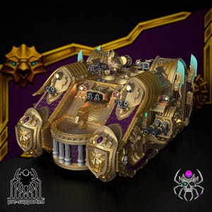 May include: A detailed gold-coloured model of a futuristic tank with purple accents. The tank features multiple turrets, intricate detailing, and the text "pre-supported". The design includes ornate shields and a lion emblem.